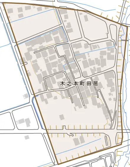 木之本町田居とその周辺の地図。町の範囲を重ねている