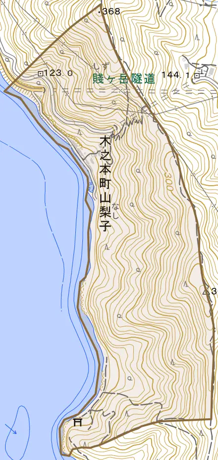 木之本町山梨子とその周辺の地図。町の範囲を重ねている