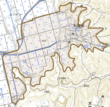 木尾町とその周辺の地図。町の範囲を重ねている