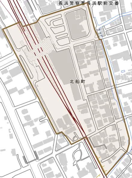 北船町とその周辺の地図。町の範囲を重ねている