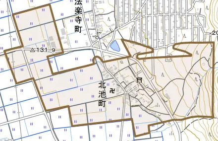 北池町とその周辺の地図。町の範囲を重ねている