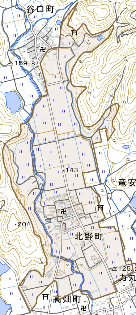 北野町とその周辺の地図。町の範囲を重ねている