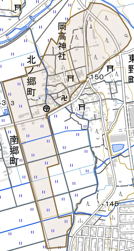 北ノ郷町とその周辺の地図。町の範囲を重ねている