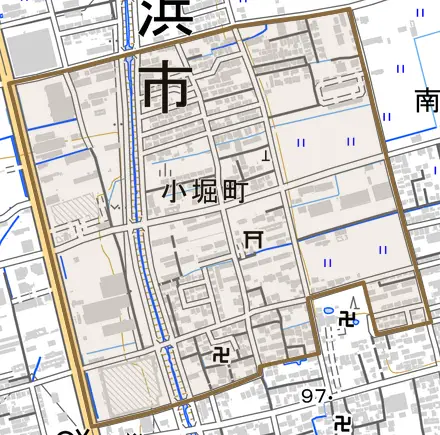 小堀町とその周辺の地図。町の範囲を重ねている