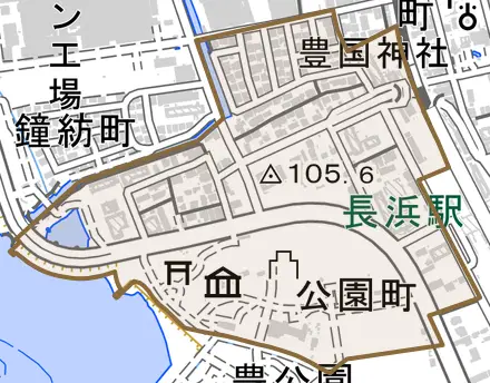 公園町とその周辺の地図。町の範囲を重ねている