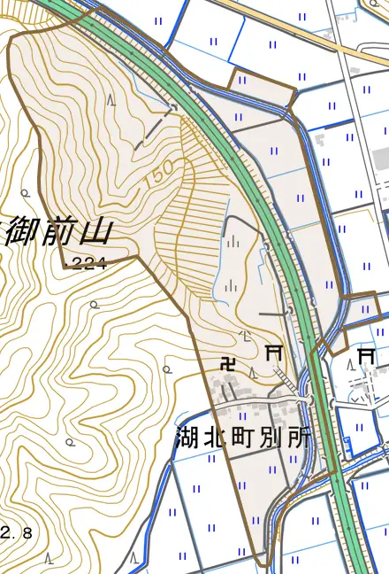 湖北町別所とその周辺の地図。町の範囲を重ねている