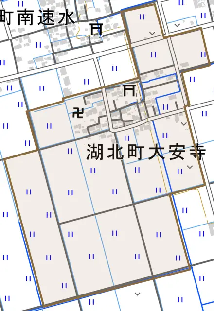 湖北町大安寺とその周辺の地図。町の範囲を重ねている