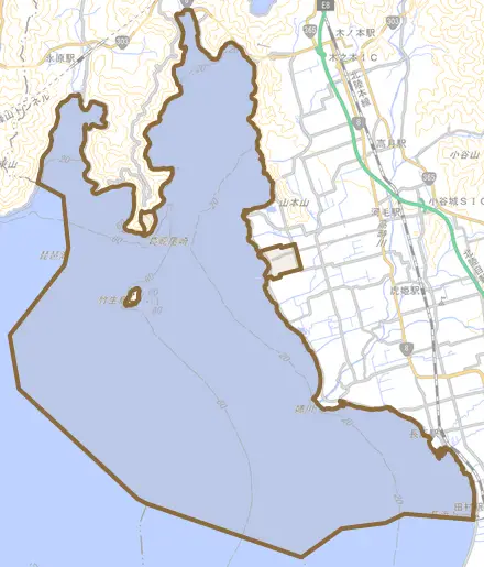 湖北町延勝寺とその周辺の地図。町の範囲を重ねている