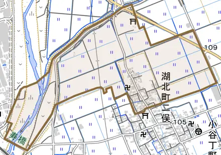 湖北町二俣とその周辺の地図。町の範囲を重ねている