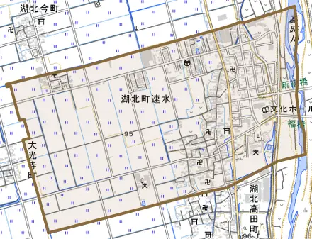 湖北町速水とその周辺の地図。町の範囲を重ねている
