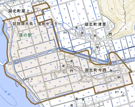 湖北町今西とその周辺の地図。町の範囲を重ねている