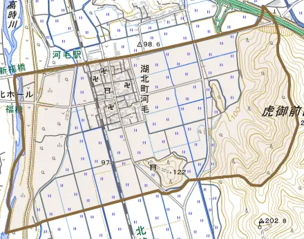湖北町河毛とその周辺の地図。町の範囲を重ねている