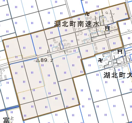 湖北町南速水とその周辺の地図。町の範囲を重ねている