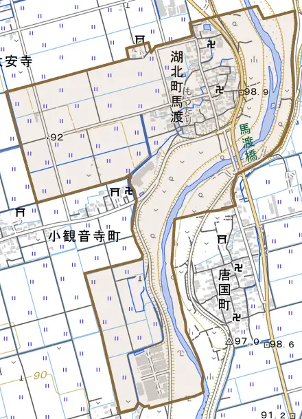湖北町馬渡とその周辺の地図。町の範囲を重ねている