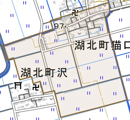 湖北町猫口とその周辺の地図。町の範囲を重ねている