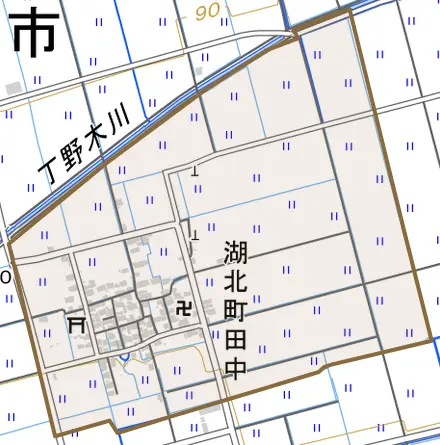 湖北町田中とその周辺の地図。町の範囲を重ねている