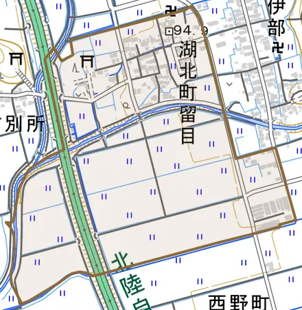 湖北町留目とその周辺の地図。町の範囲を重ねている