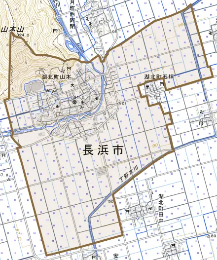 湖北町山本とその周辺の地図。町の範囲を重ねている