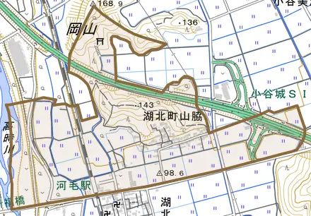 湖北町山脇とその周辺の地図。町の範囲を重ねている