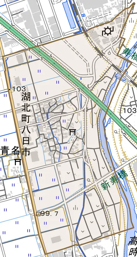 湖北町八日市とその周辺の地図。町の範囲を重ねている
