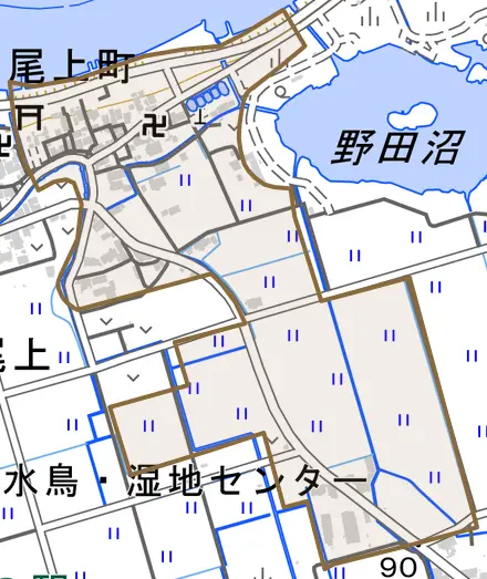 湖北東尾上町とその周辺の地図。町の範囲を重ねている