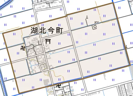 湖北今町とその周辺の地図。町の範囲を重ねている