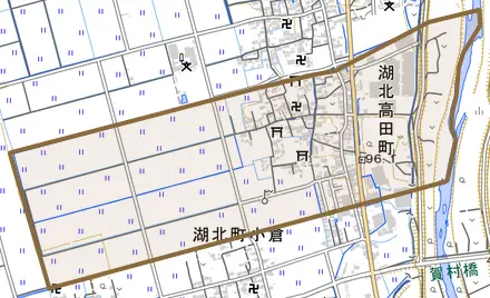 湖北高田町とその周辺の地図。町の範囲を重ねている