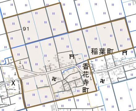 香花寺町とその周辺の地図。町の範囲を重ねている
