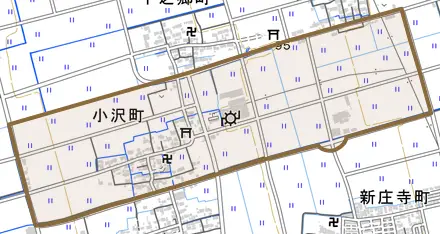 小沢町とその周辺の地図。町の範囲を重ねている