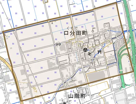 口分田町とその周辺の地図。町の範囲を重ねている
