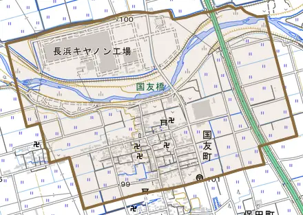 国友町とその周辺の地図。町の範囲を重ねている