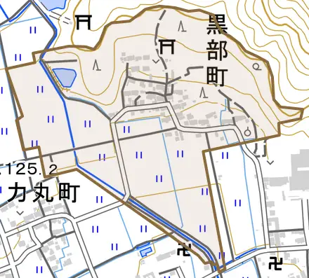 黒部町とその周辺の地図。町の範囲を重ねている