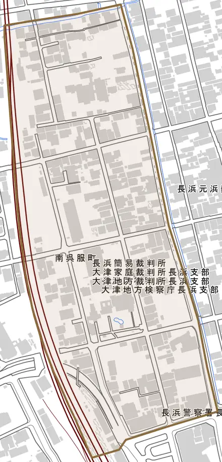南呉服町とその周辺の地図。町の範囲を重ねている