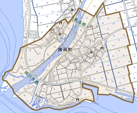 南浜町とその周辺の地図。町の範囲を重ねている