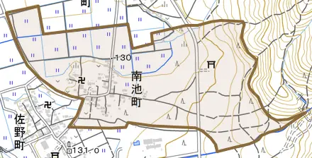 南池町とその周辺の地図。町の範囲を重ねている