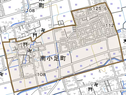 南小足町とその周辺の地図。町の範囲を重ねている