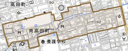 南高田町とその周辺の地図。町の範囲を重ねている