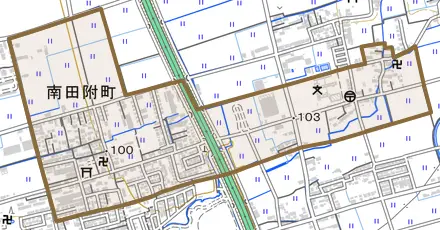 南田附町とその周辺の地図。町の範囲を重ねている