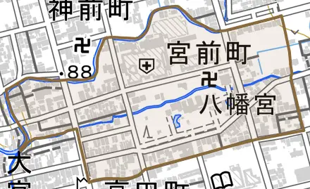 宮前町とその周辺の地図。町の範囲を重ねている