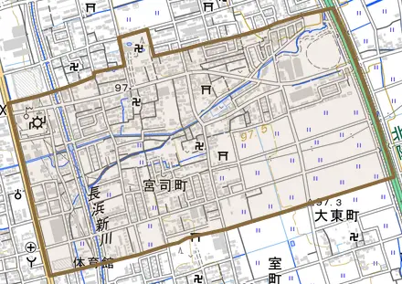 宮司町とその周辺の地図。町の範囲を重ねている