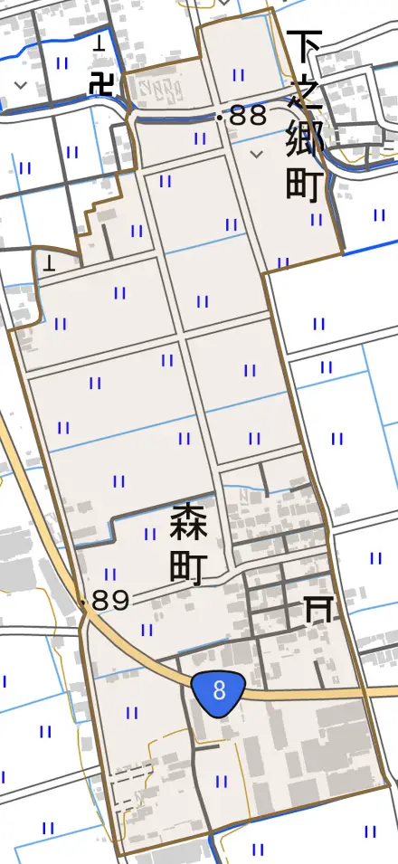 森町とその周辺の地図。町の範囲を重ねている
