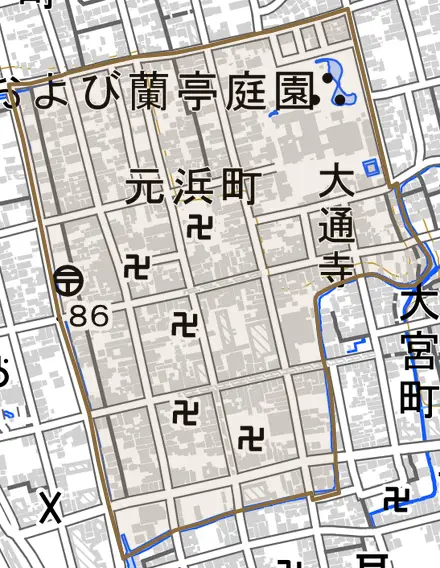 元浜町とその周辺の地図。町の範囲を重ねている