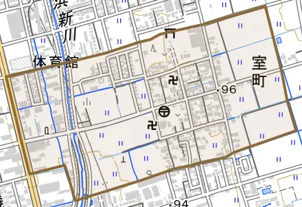 室町とその周辺の地図。町の範囲を重ねている