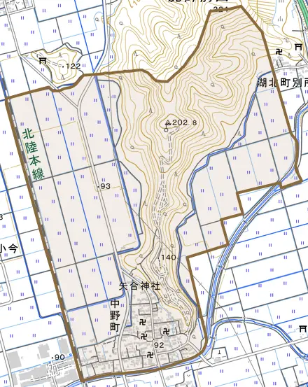 中野町とその周辺の地図。町の範囲を重ねている