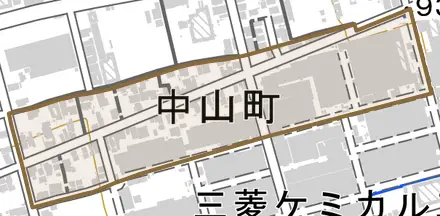 中山町とその周辺の地図。町の範囲を重ねている