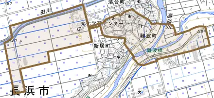 難波町とその周辺の地図。町の範囲を重ねている