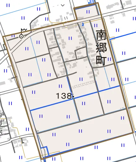 南郷町とその周辺の地図。町の範囲を重ねている