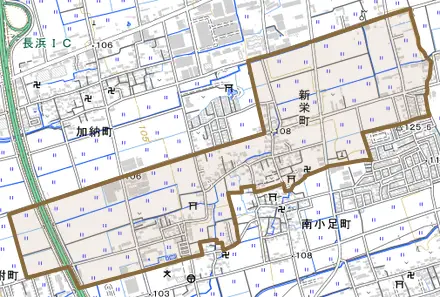 新栄町とその周辺の地図。町の範囲を重ねている