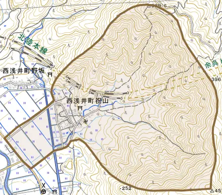 西浅井町祝山とその周辺の地図。町の範囲を重ねている