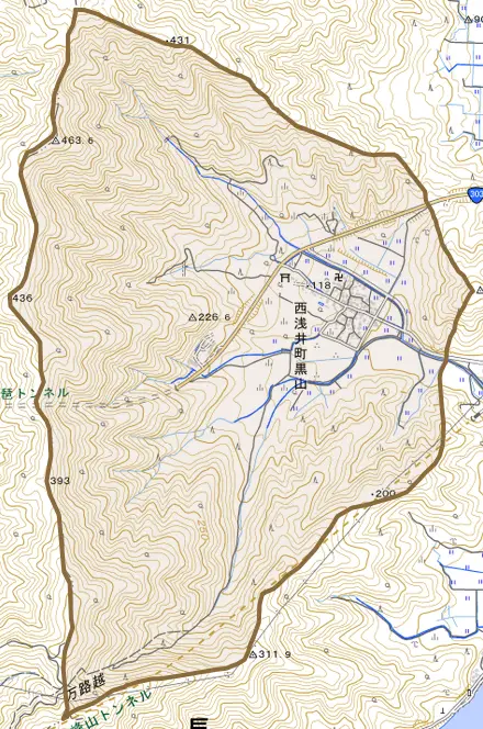 西浅井町黒山とその周辺の地図。町の範囲を重ねている